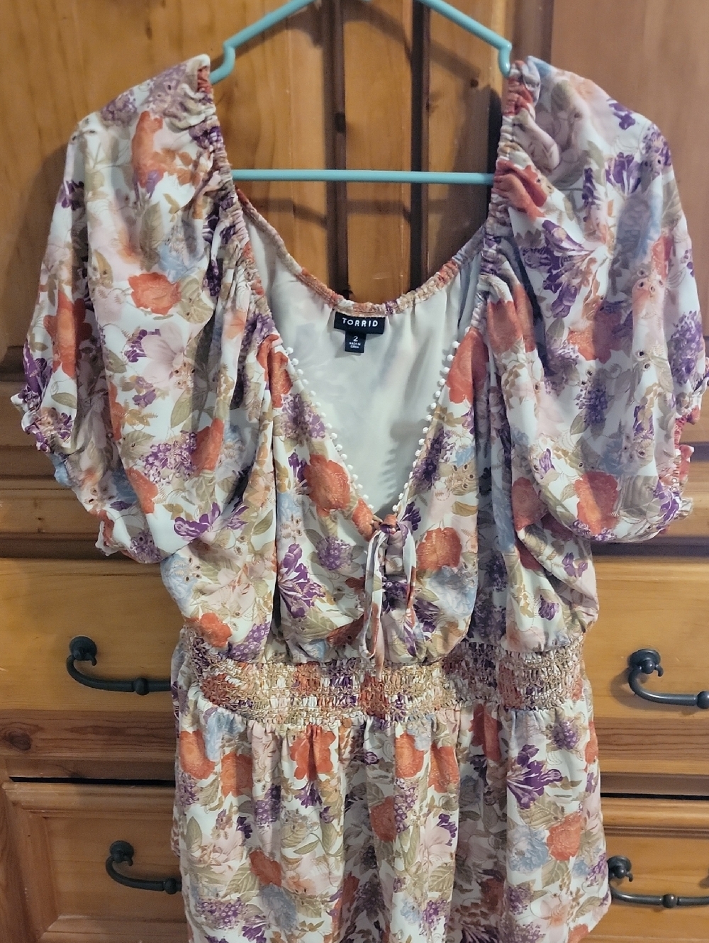 torrid Cream Floral Puff-Sleeve Tie Front Blouse with Orange & Purple Flowers